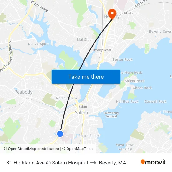 81 Highland Ave @ Salem Hospital to Beverly, MA map