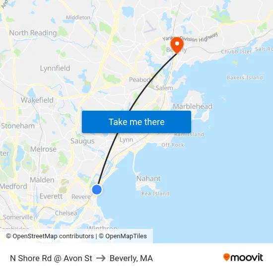 N Shore Rd @ Avon St to Beverly, MA map