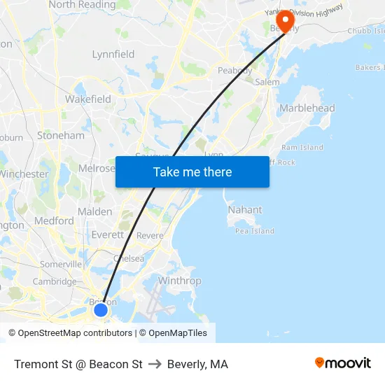 Tremont St @ Beacon St to Beverly, MA map