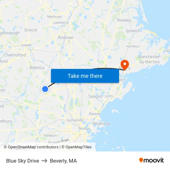 Blue Sky Drive to Beverly, MA map