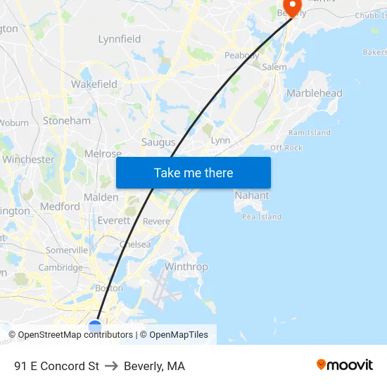 91 E Concord St to Beverly, MA map