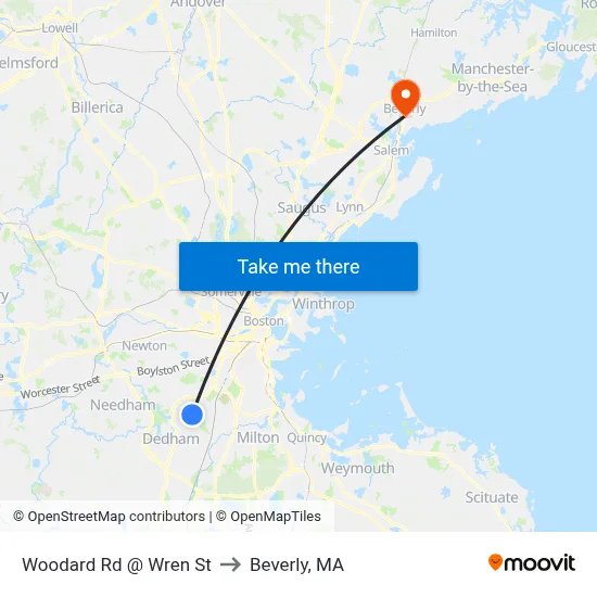 Woodard Rd @ Wren St to Beverly, MA map