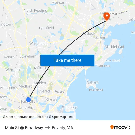 Main St @ Broadway to Beverly, MA map