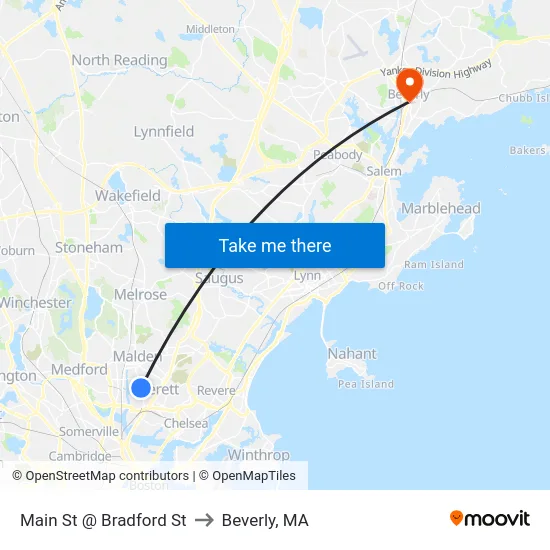 Main St @ Bradford St to Beverly, MA map