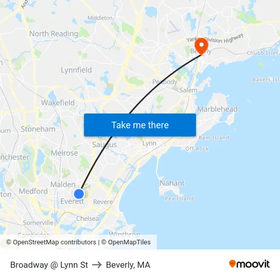 Broadway @ Lynn St to Beverly, MA map