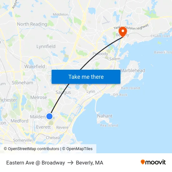 Eastern Ave @ Broadway to Beverly, MA map