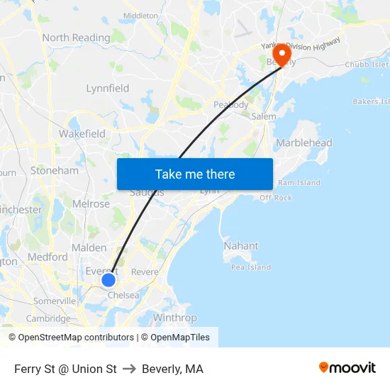 Ferry St @ Union St to Beverly, MA map