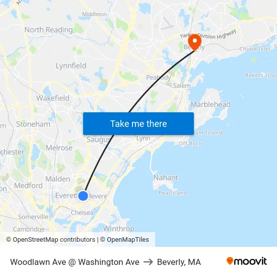 Woodlawn Ave @ Washington Ave to Beverly, MA map