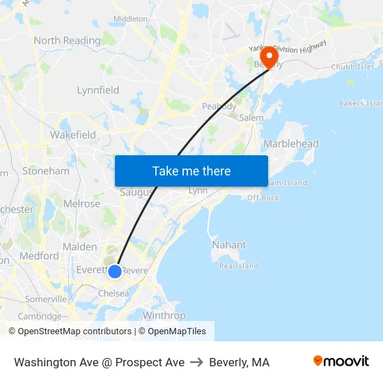 Washington Ave @ Prospect Ave to Beverly, MA map