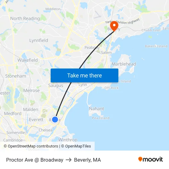 Proctor Ave @ Broadway to Beverly, MA map