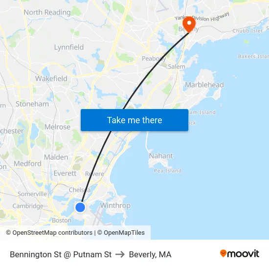 Bennington St @ Putnam St to Beverly, MA map