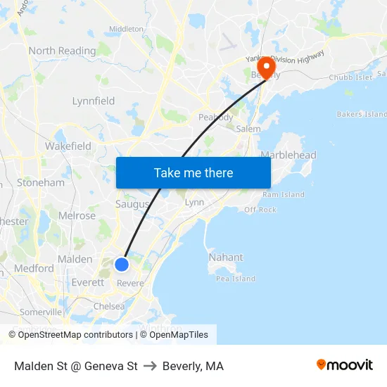 Malden St @ Geneva St to Beverly, MA map