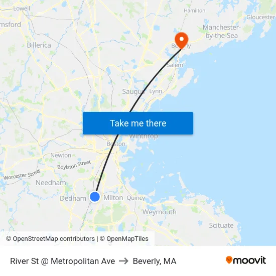 River St @ Metropolitan Ave to Beverly, MA map