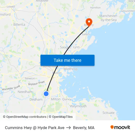 Cummins Hwy @ Hyde Park Ave to Beverly, MA map