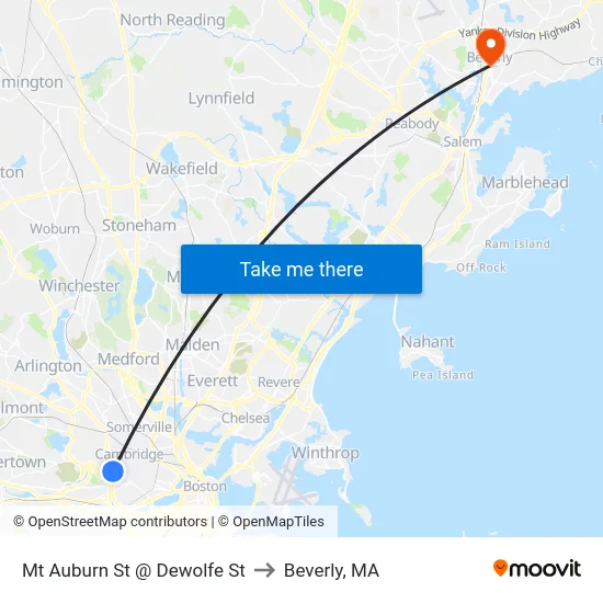 Mt Auburn St @ Dewolfe St to Beverly, MA map