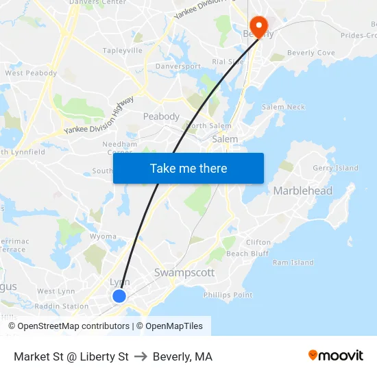 Market St @ Liberty St to Beverly, MA map