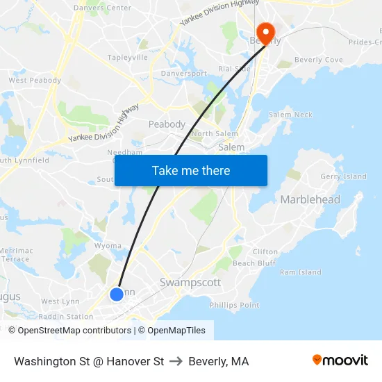 Washington St @ Hanover St to Beverly, MA map