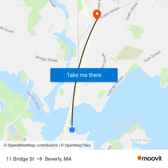 11 Bridge St to Beverly, MA map