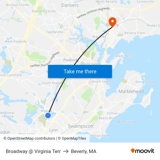 Broadway @ Virginia Terr to Beverly, MA map