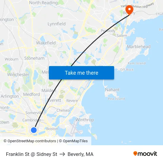 Franklin St @ Sidney St to Beverly, MA map