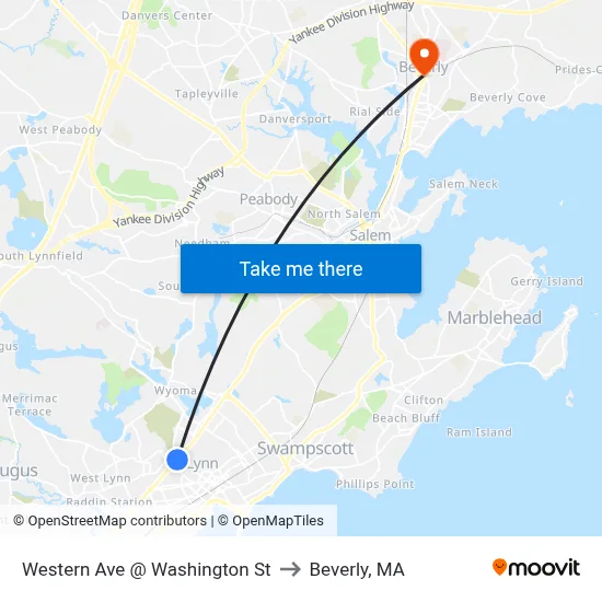 Western Ave @ Washington St to Beverly, MA map