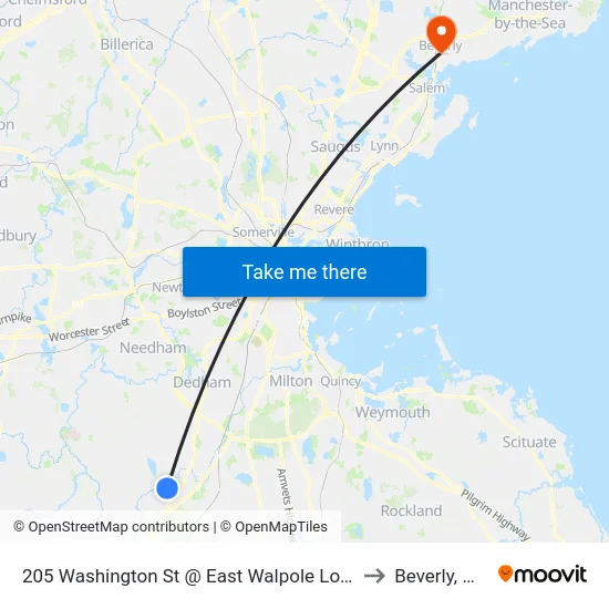 205 Washington St @ East Walpole Loop to Beverly, MA map