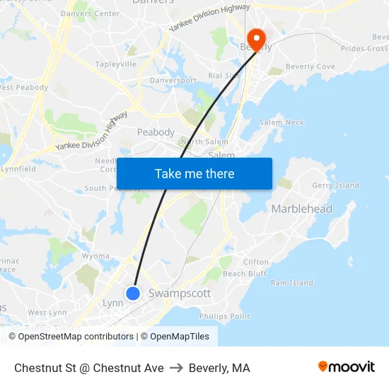 Chestnut St @ Chestnut Ave to Beverly, MA map