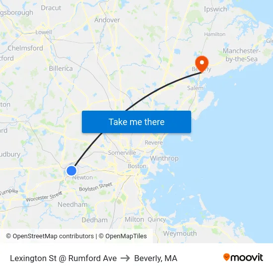 Lexington St @ Rumford Ave to Beverly, MA map