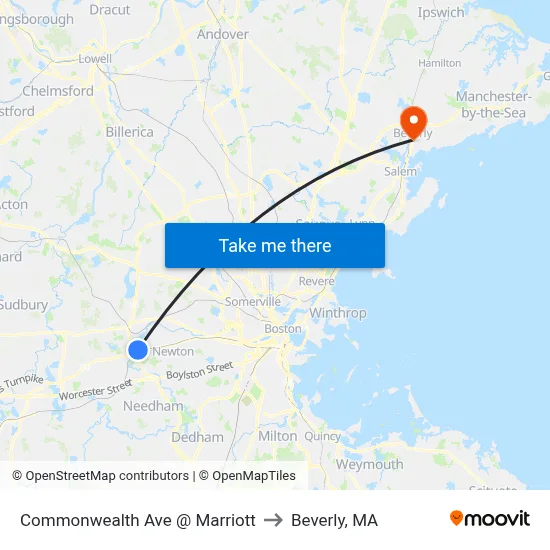 Commonwealth Ave @ Marriott to Beverly, MA map