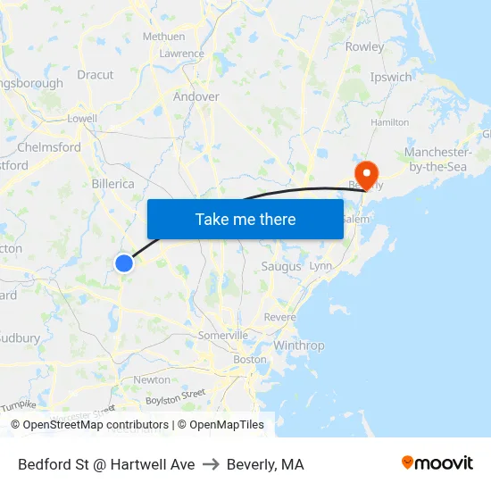 Bedford St @ Hartwell Ave to Beverly, MA map