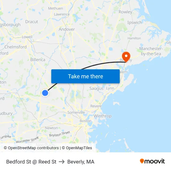 Bedford St @ Reed St to Beverly, MA map