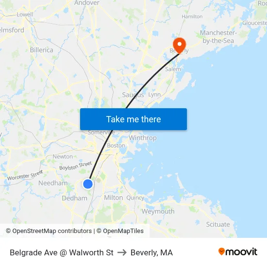 Belgrade Ave @ Walworth St to Beverly, MA map