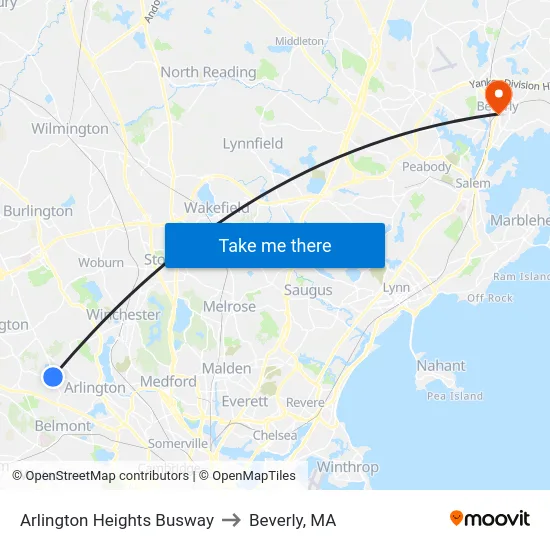 Arlington Heights Busway to Beverly, MA map