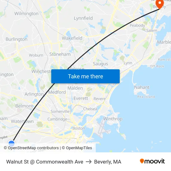 Walnut St @ Commonwealth Ave to Beverly, MA map