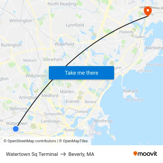 Watertown Sq Terminal to Beverly, MA map