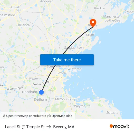 Lasell St @ Temple St to Beverly, MA map