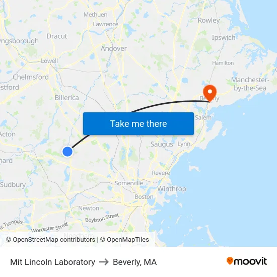 Mit Lincoln Laboratory to Beverly, MA map