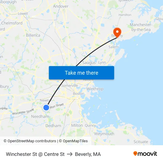 Winchester St @ Centre St to Beverly, MA map