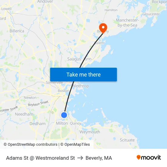 Adams St @ Westmoreland St to Beverly, MA map