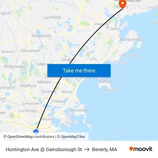 Huntington Ave @ Gainsborough St to Beverly, MA map