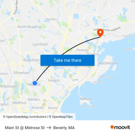 Main St @ Melrose St to Beverly, MA map