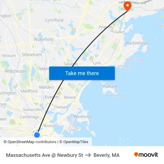 Massachusetts Ave @ Newbury St to Beverly, MA map