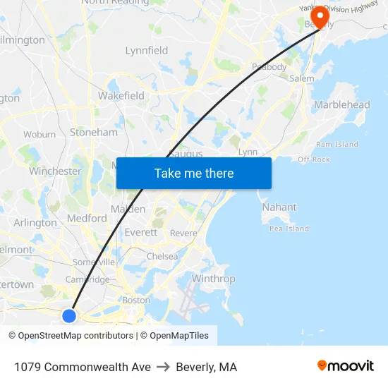 1079 Commonwealth Ave to Beverly, MA map