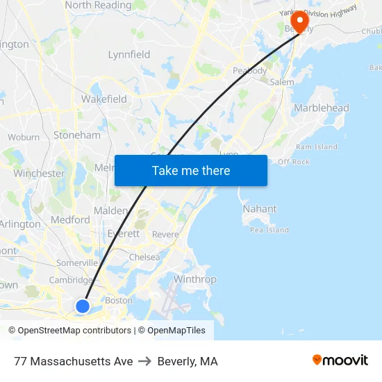 77 Massachusetts Ave to Beverly, MA map