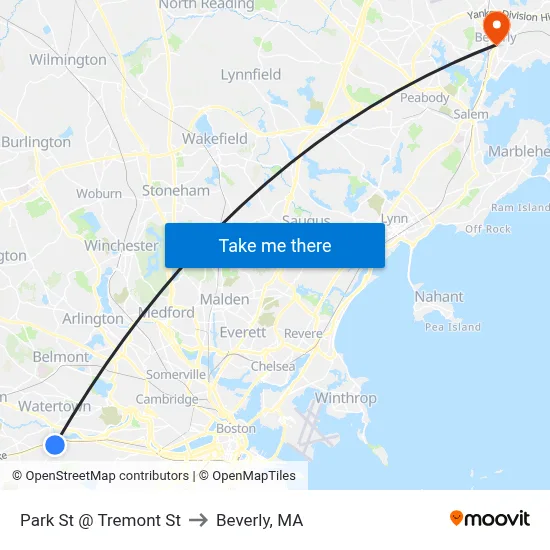 Park St @ Tremont St to Beverly, MA map