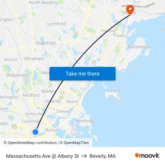 Massachusetts Ave @ Albany St to Beverly, MA map