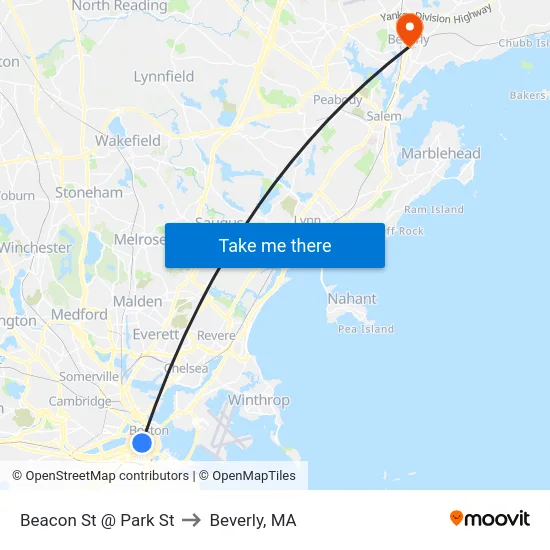 Beacon St @ Park St to Beverly, MA map