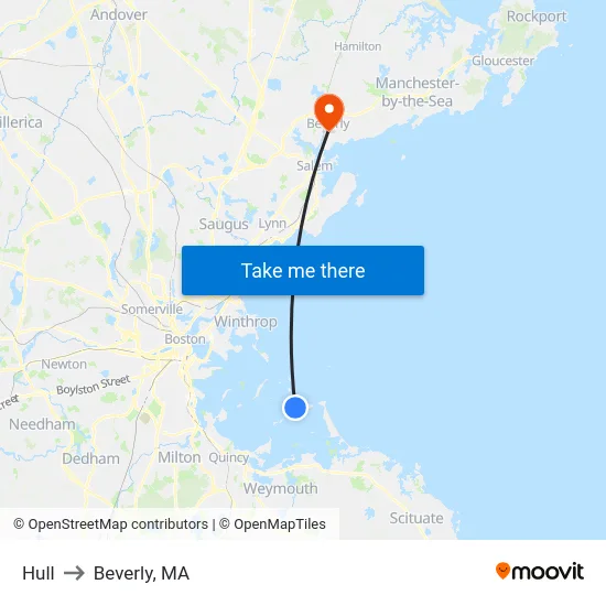 Hull to Beverly, MA map