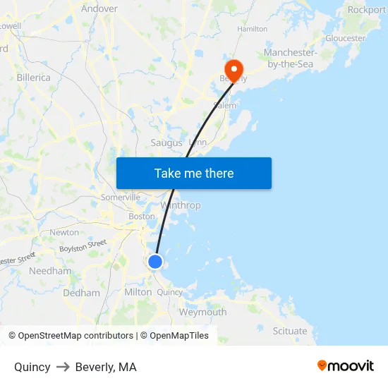 Quincy to Beverly, MA map