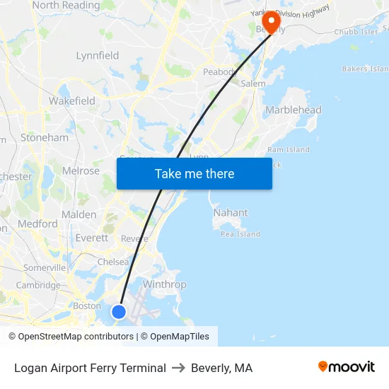 Logan Airport Ferry Terminal to Beverly, MA map